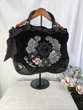 Vintage Juicy Couture Large Daydreamer Black Velour Flowers Tote Bag Purse Y2K